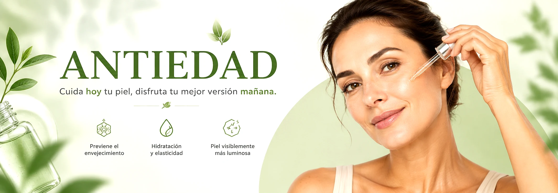 Banner antiedad con mujer aplicándose sérum facial